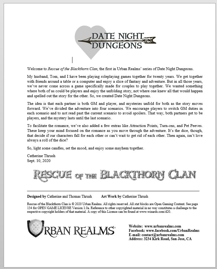 Date Night Dungeons: Rescue of the Blackthorn Clan in black and white